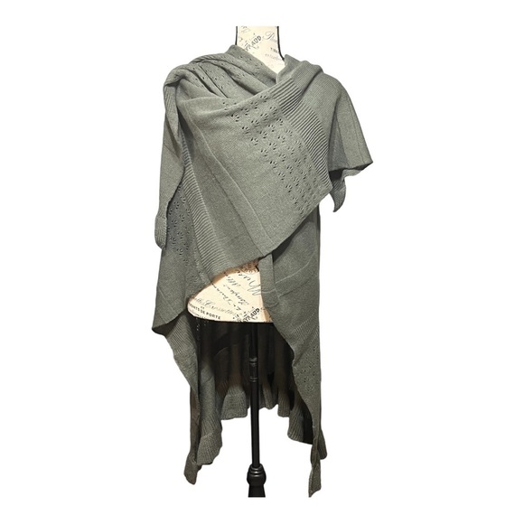 Tea Green Chunky Open Knit Ruffle Shawl Wrap Lagenlook Winter Layering Piece OS - Picture 13 of 15